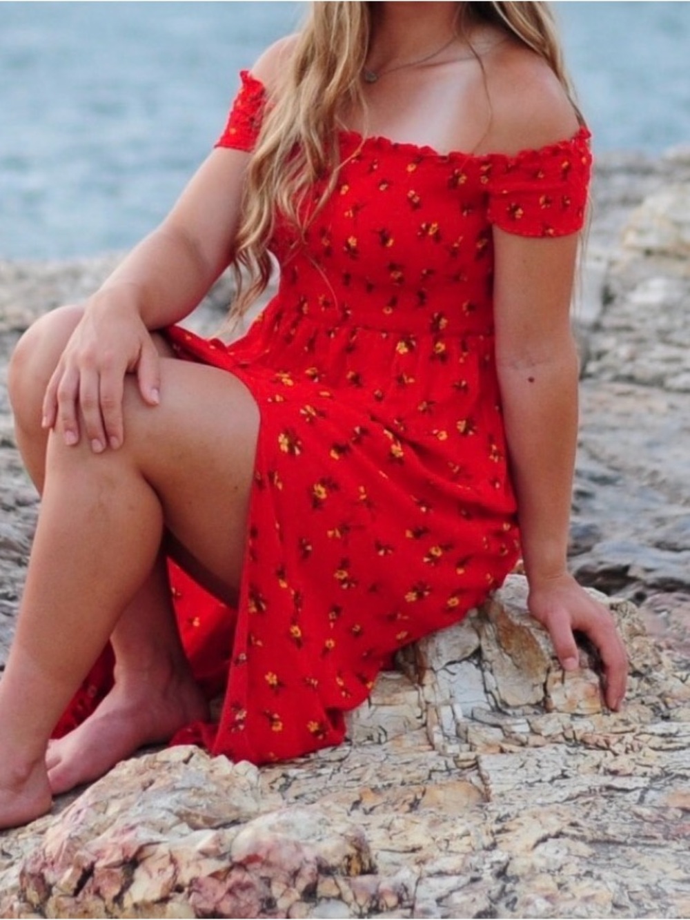 Rue 21 red floral maxi dress, off the shoulder smocked top, size medium